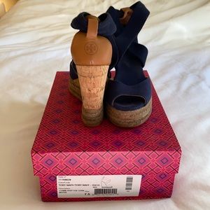 Tory Burch navy peep-toe cork wedge